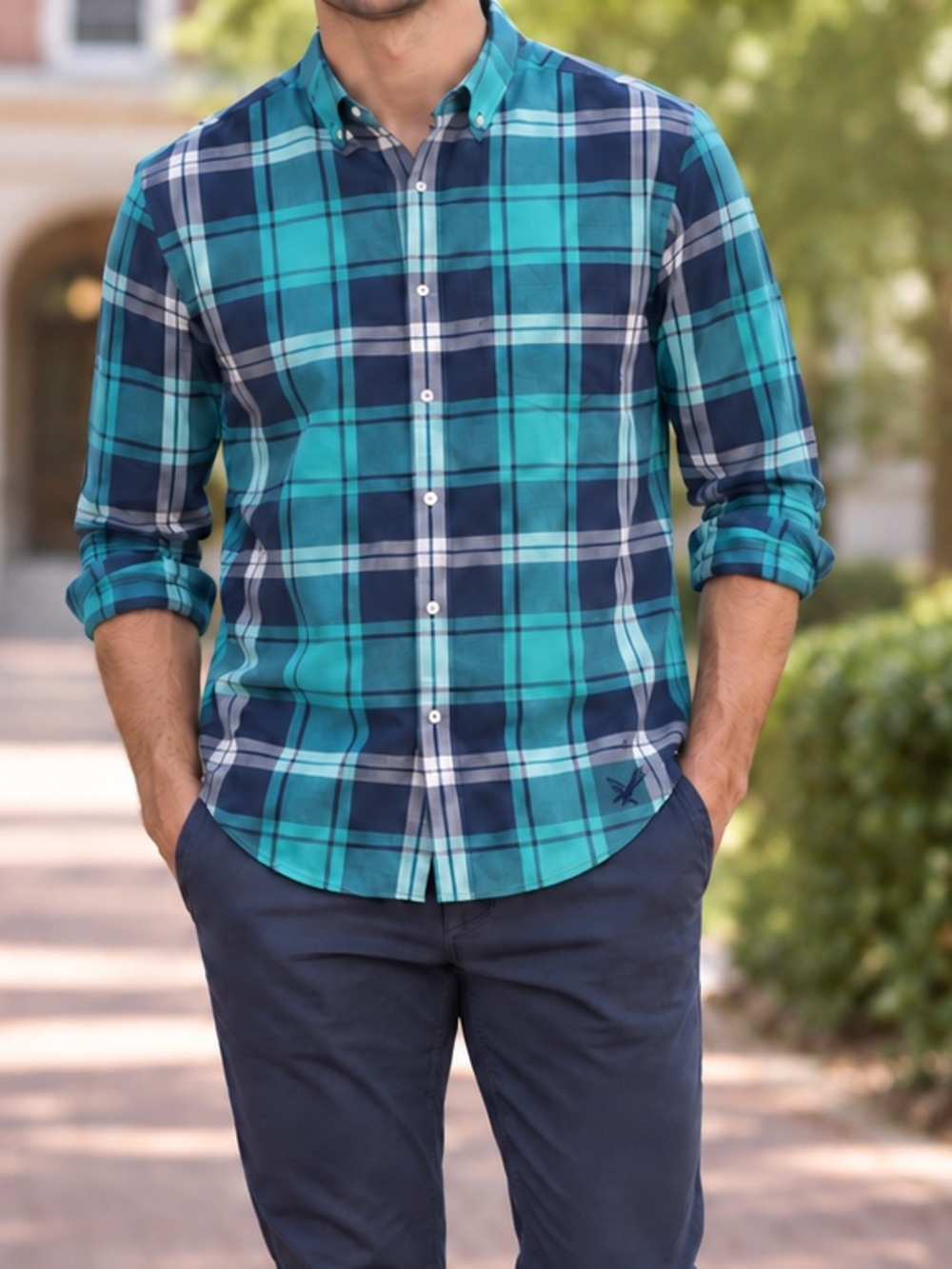 2014 American Eagle Teal Plaid Prep Fit Button-Up Shirt Men’s M